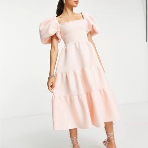 ASOS DESIGN Petite shirred puff sleeve tiered midi dress